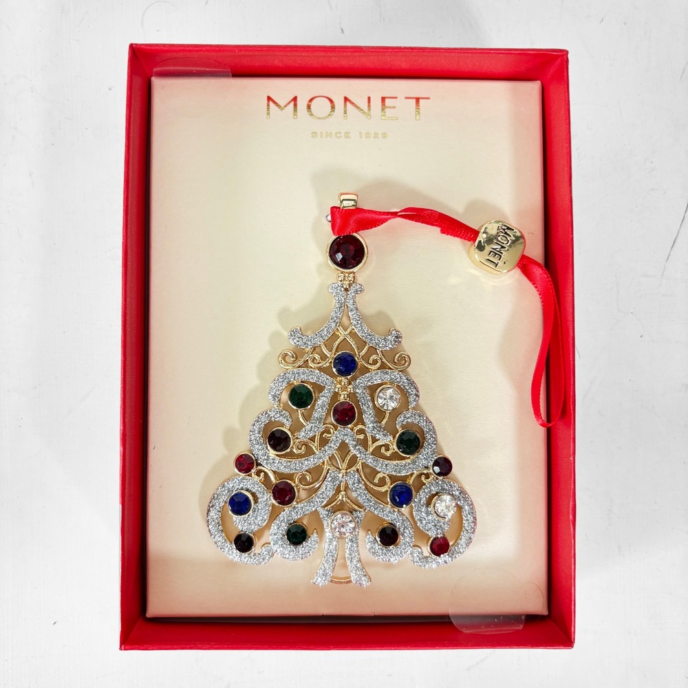 Monet 2022 New Christmas Tree Ornament Gold Tone Jeweled Filigree Collectible